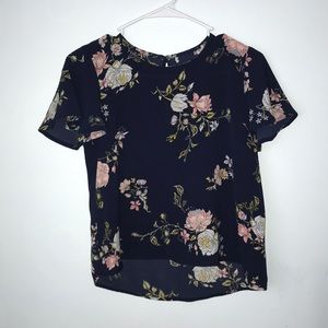 Navy blue blouse with pink and white flowers